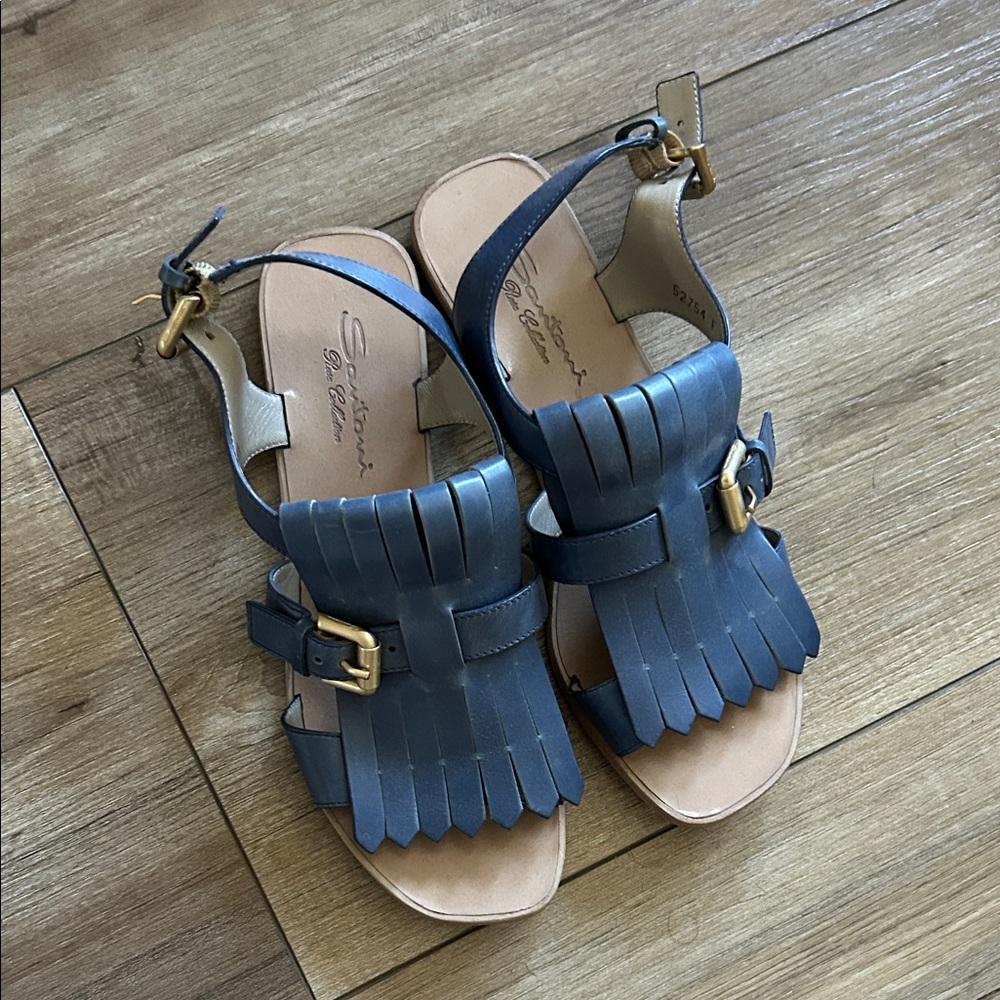 Santoni Italy Blue Leather Sandals with Buckle 36